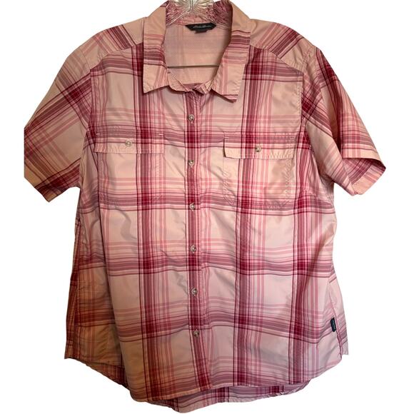 Eddie Bauer Ladies Short Sleeve Adventure Top, Peach Starling Plaid XL - Picture 2 of 16